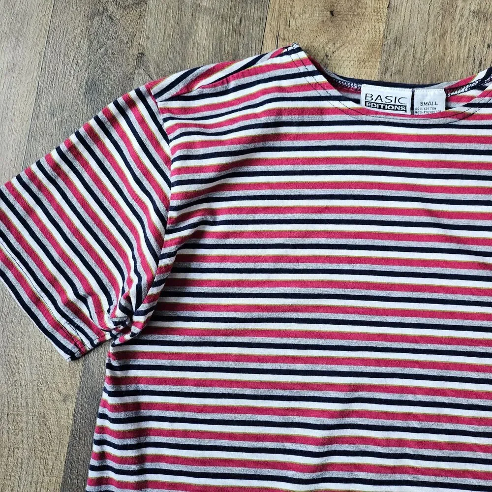 Vtg Basic Editions Women's Red Striped Short Sleeves Pullover T Shirt Size Small